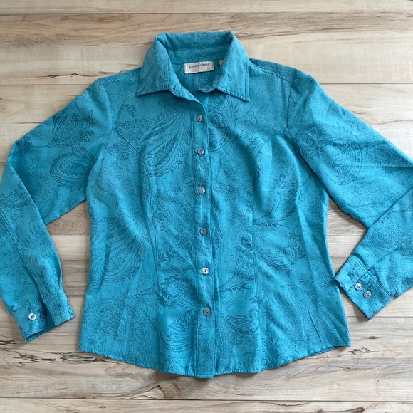 Lemon Grass Womens S Blue/Green Embossed Button Up Front Long Sleeve Shirt. - Picture 8 of 11
